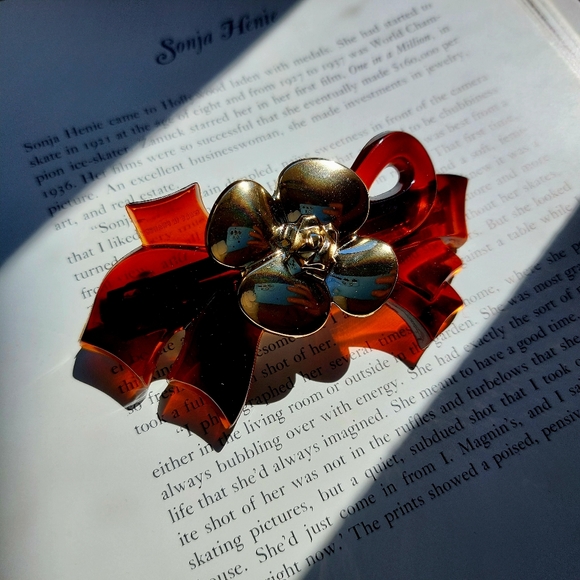 Vintage Barrette Bobby Pin Clip Paris Brown Gold Lucite Bow 1990s 🇫🇷 🎀🎀🎀 - Picture 5 of 8